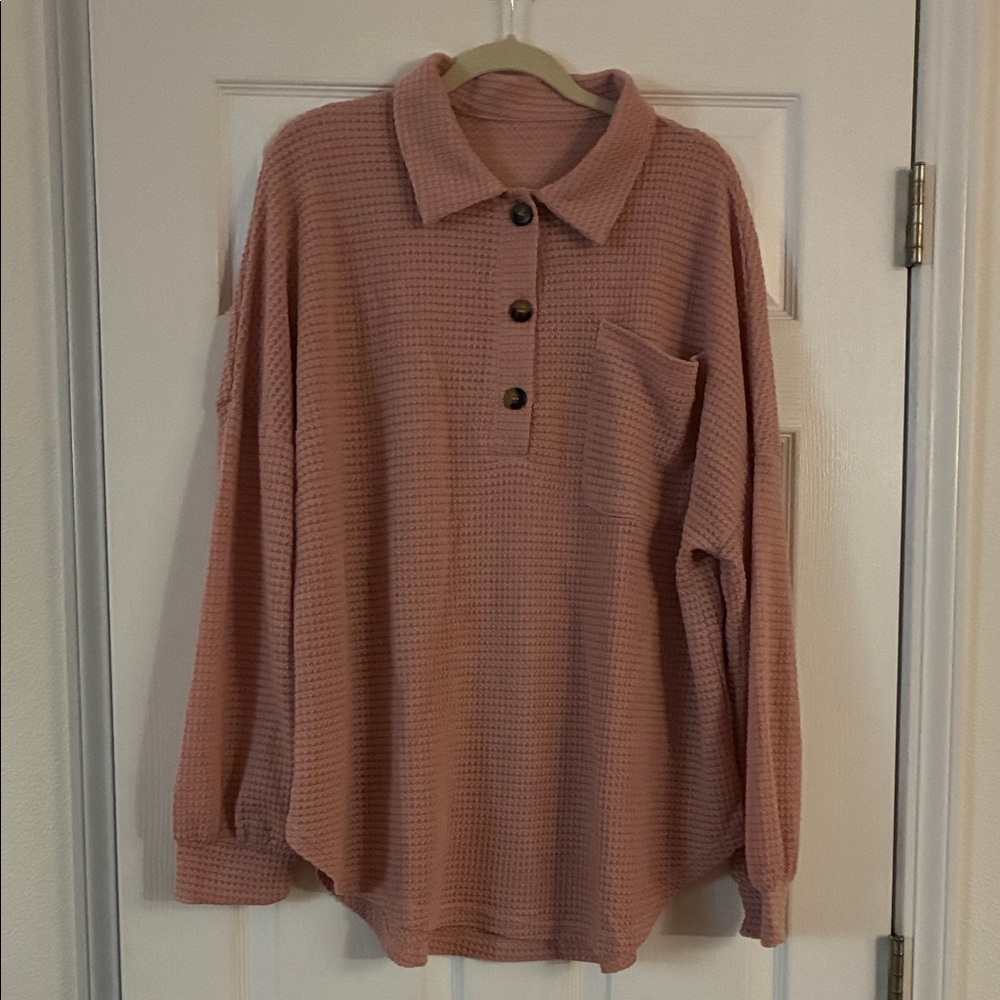 Amazon Women's Button-Up Waffle Knit Shirt - Pink